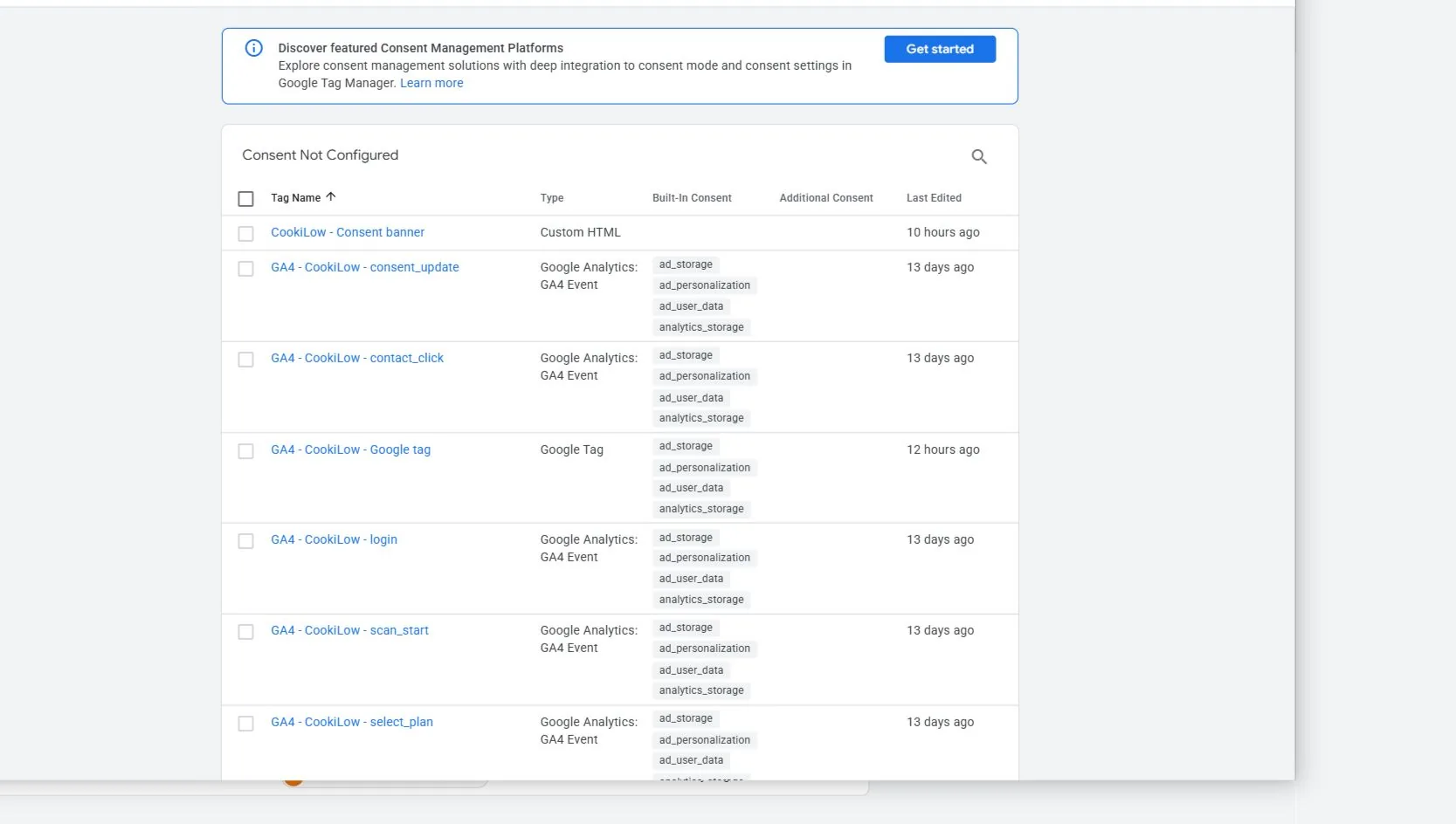 Реальный экран Consent Overview с четырьмя встроенными сигналами Google Consent Mode v2