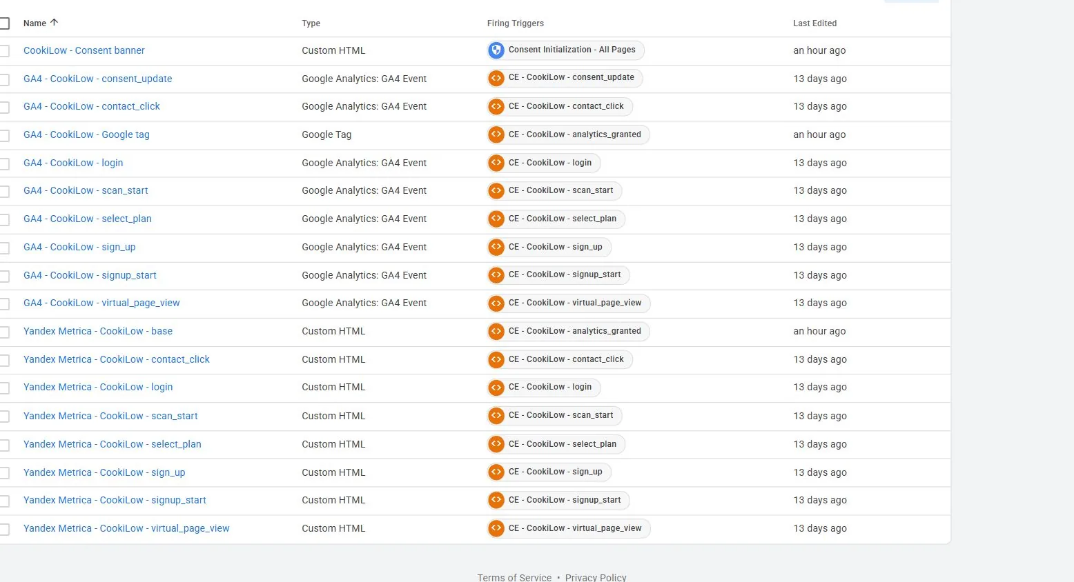 Реальный контейнер GTM с CookiLow на Consent Initialization и Google tag на событии разрешения