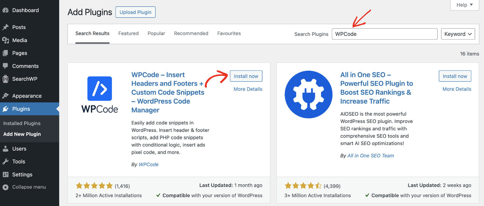 Поиск и установка WPCode в панели WordPress