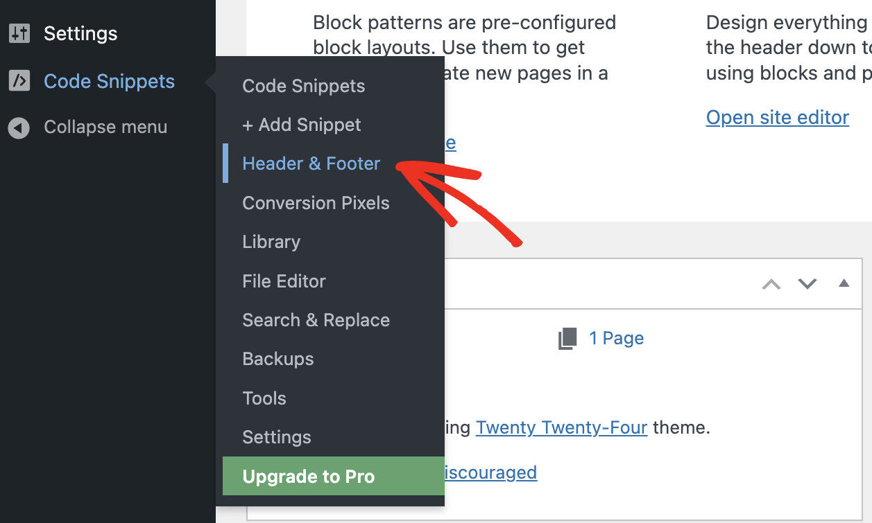 Пункт Header and Footer в меню WPCode