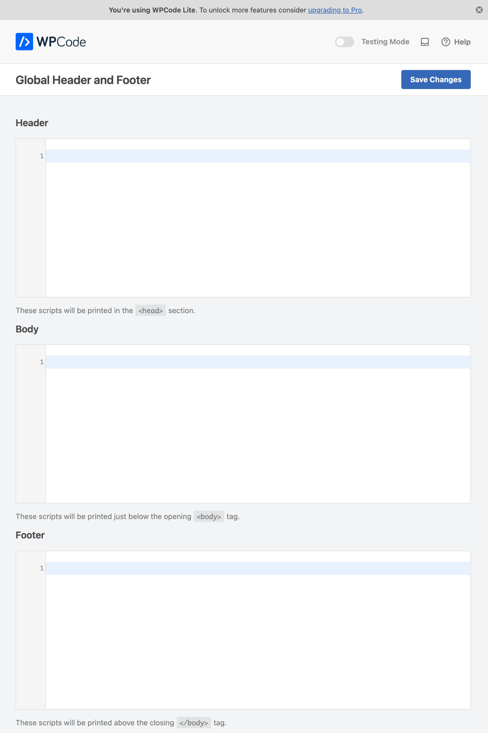 Поле Header в настройках WPCode